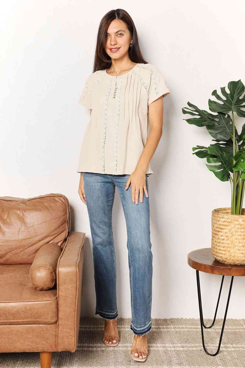 Double Take crochet buttoned short sleeves top.