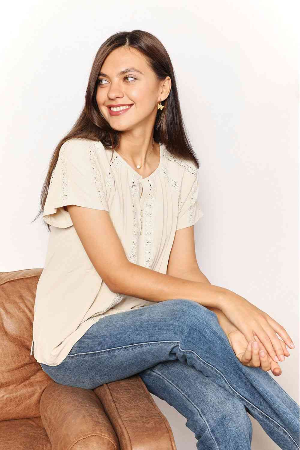 Double Take crochet buttoned short sleeves top.