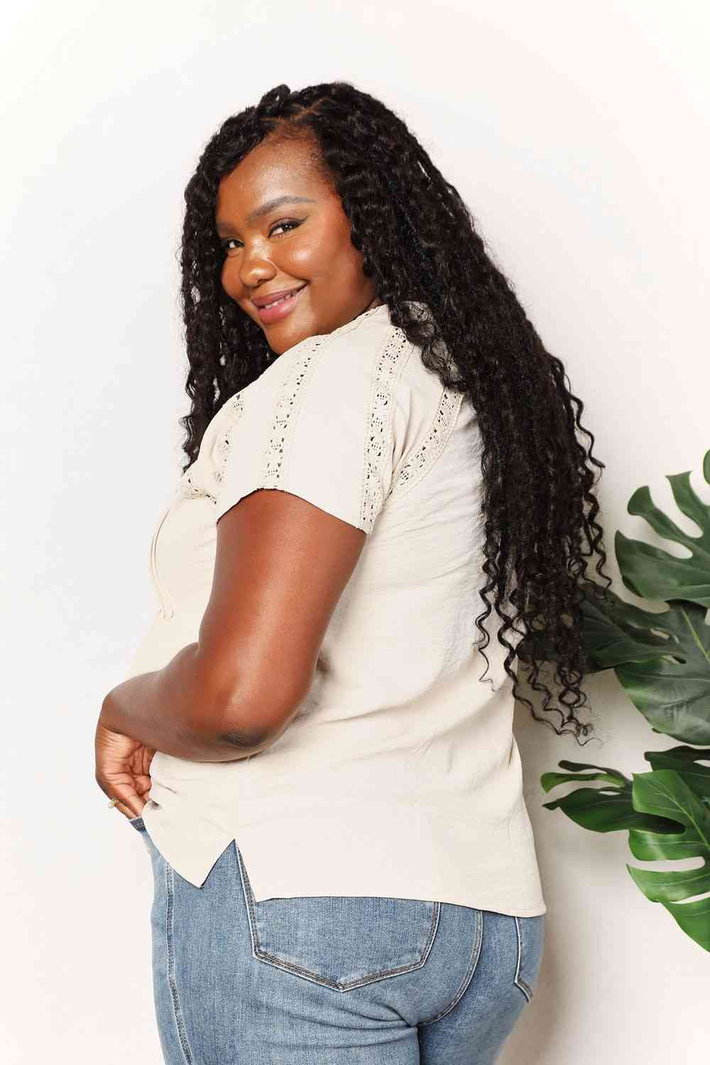 Double Take crochet buttoned short sleeves top.