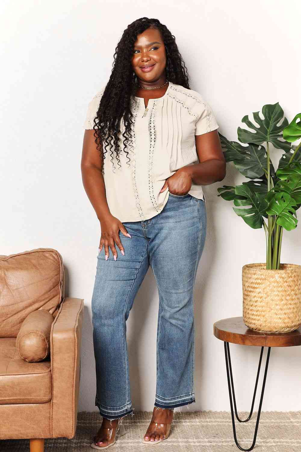 Double Take crochet buttoned short sleeves top.