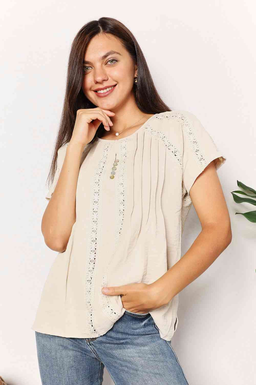 Double Take crochet buttoned short sleeves top.