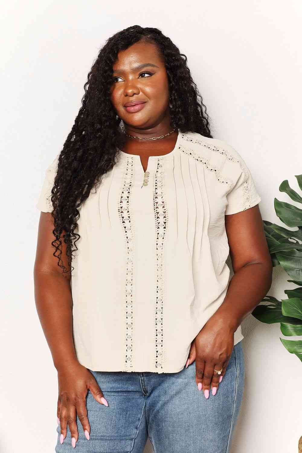 Double Take crochet buttoned short sleeves top.