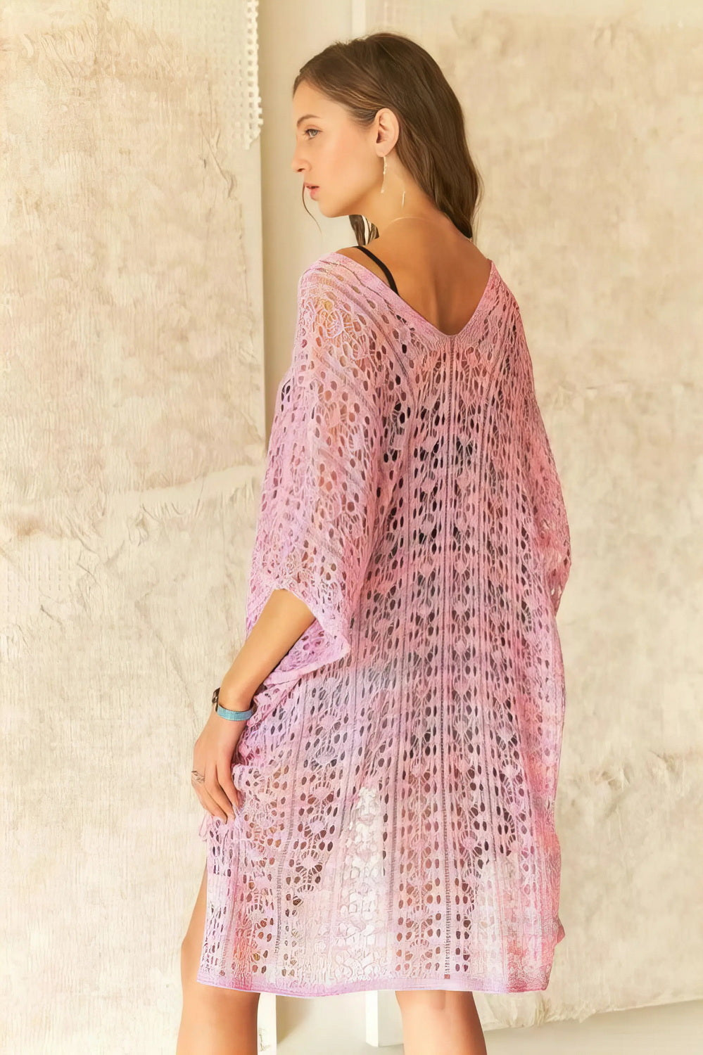Adora Crochet Cover Up Tunic Top with Sheer High-Low Design.
