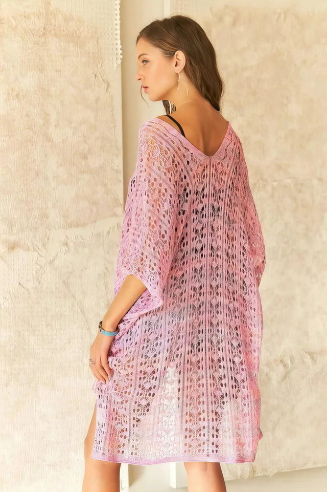 Adora Crochet Cover Up Tunic Top with Sheer High-Low Design.