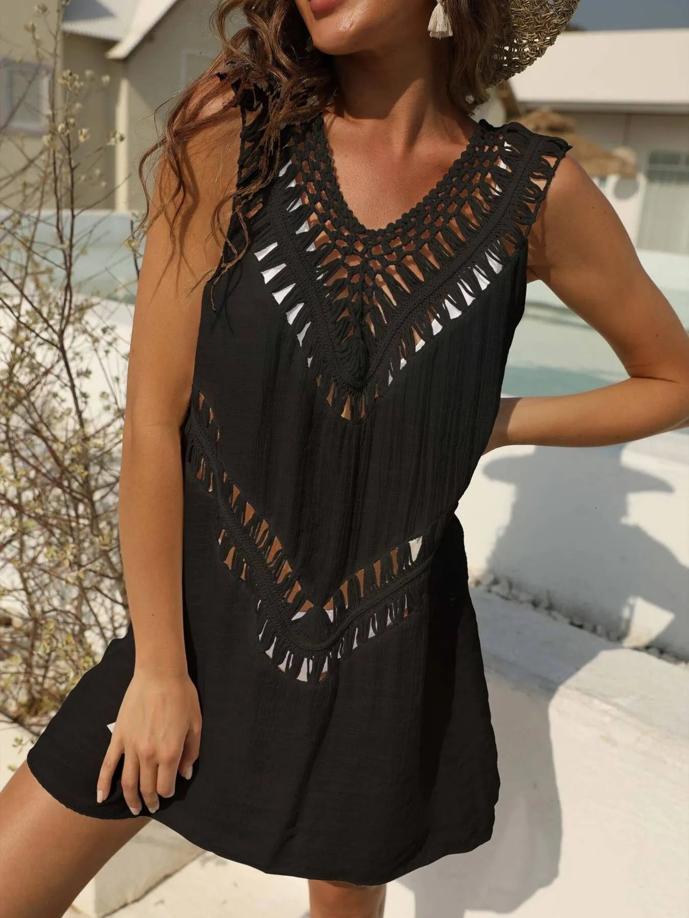 Crochet Detail Beach Cover Up Dress with Cutout.