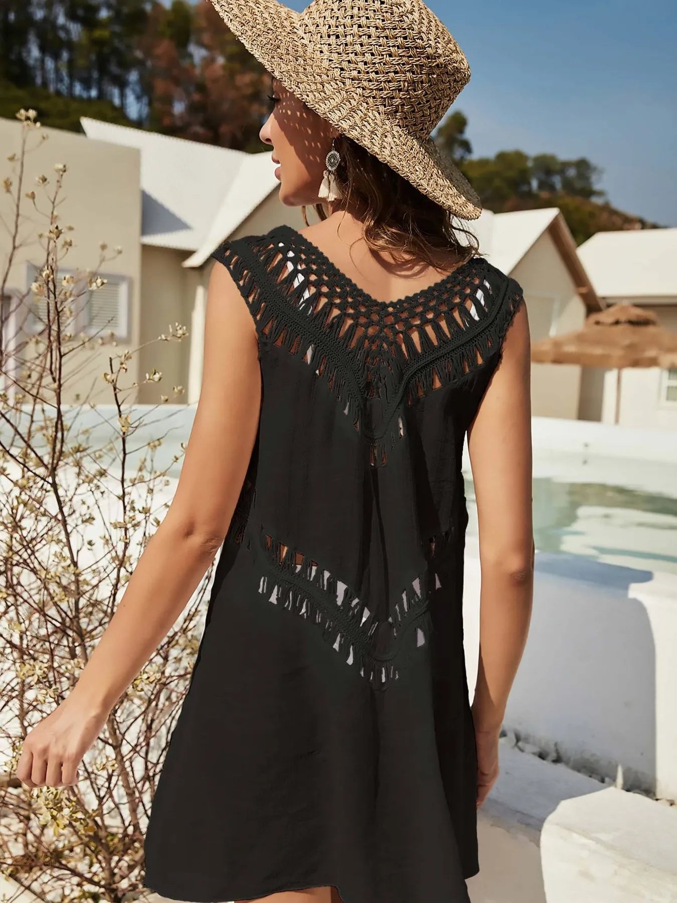 Crochet Detail Beach Cover Up Dress with Cutout.