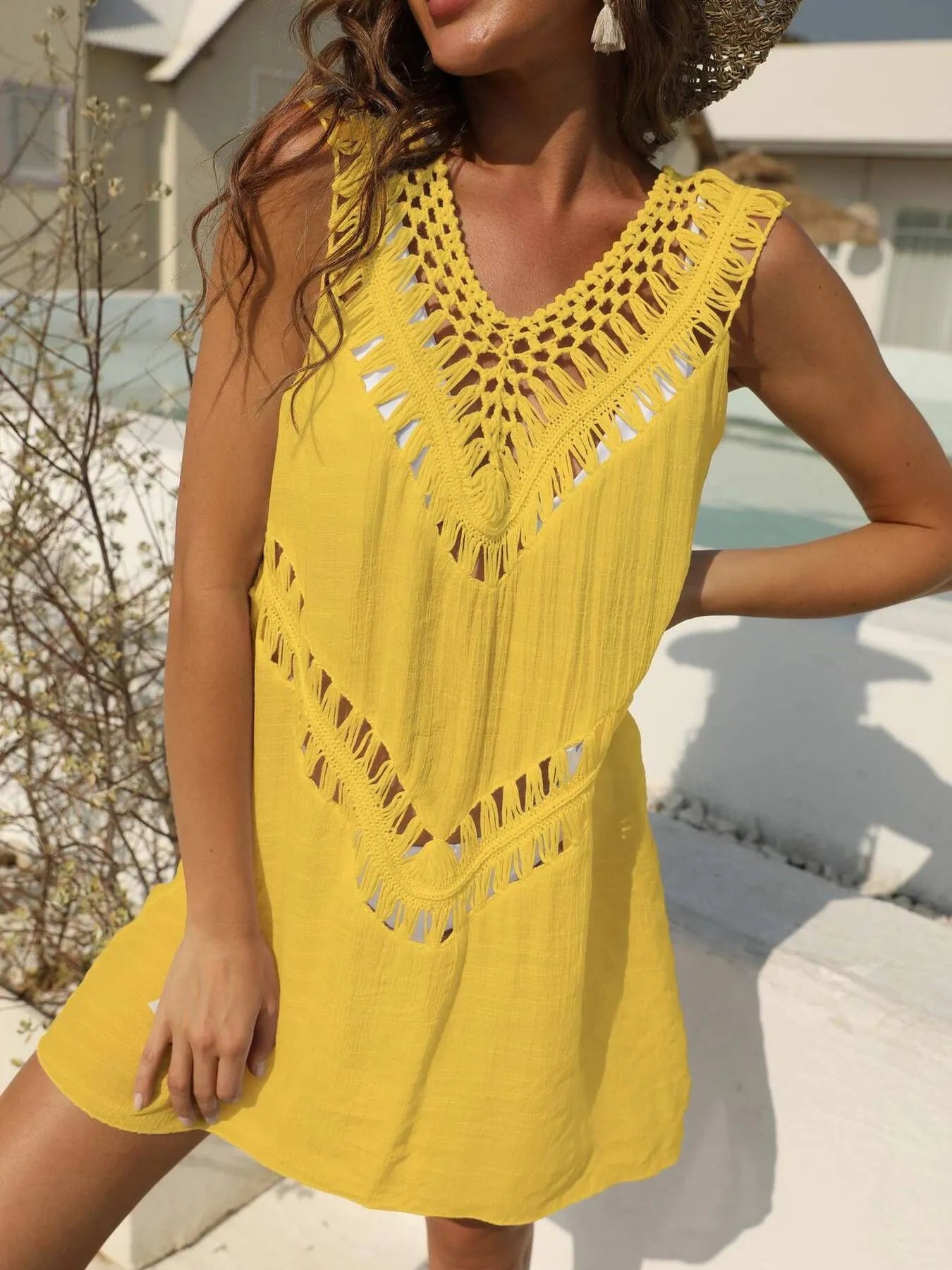 Crochet Detail Beach Cover Up Dress with Cutout.