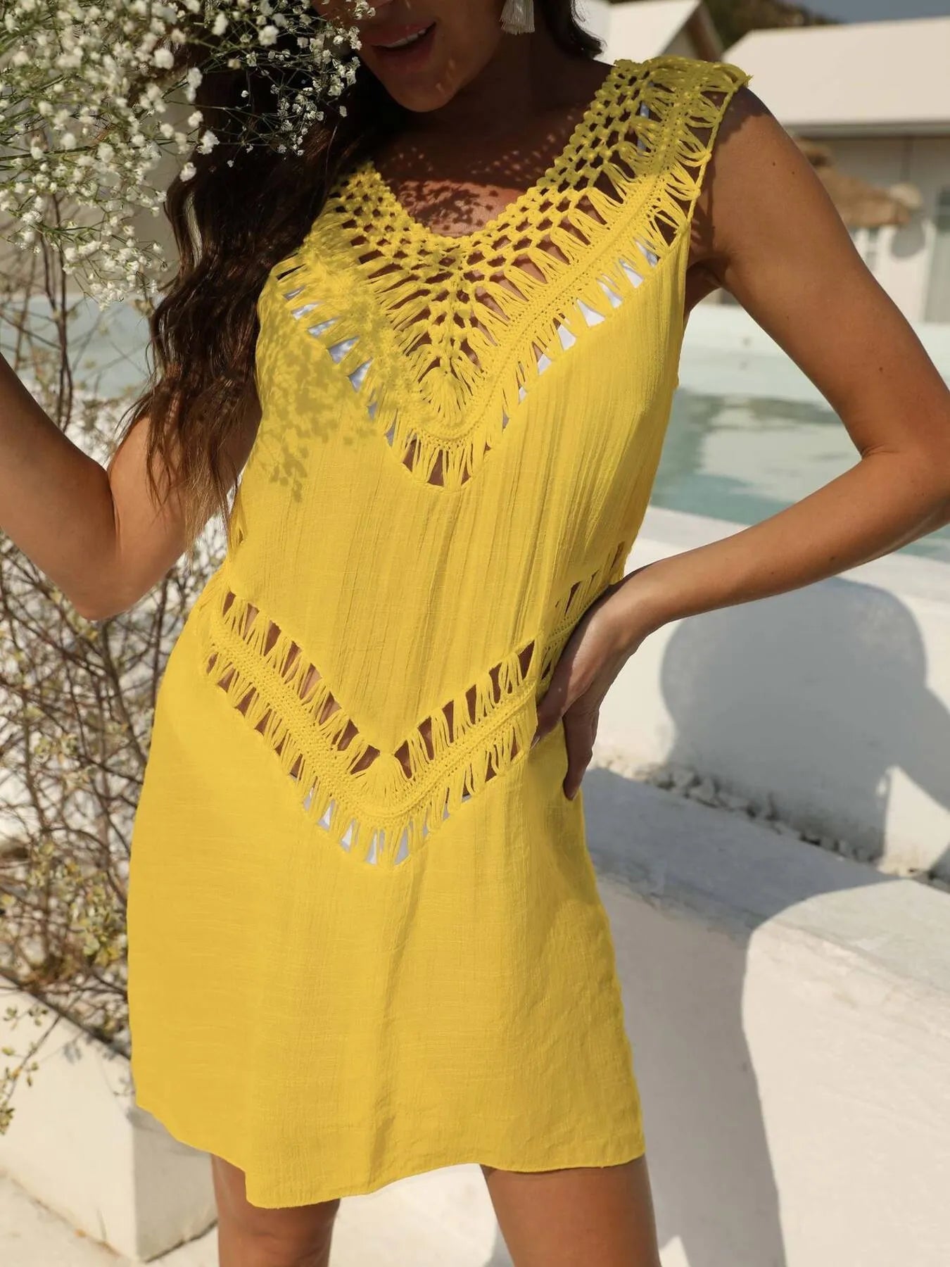 Crochet Detail Beach Cover Up Dress with Cutout.