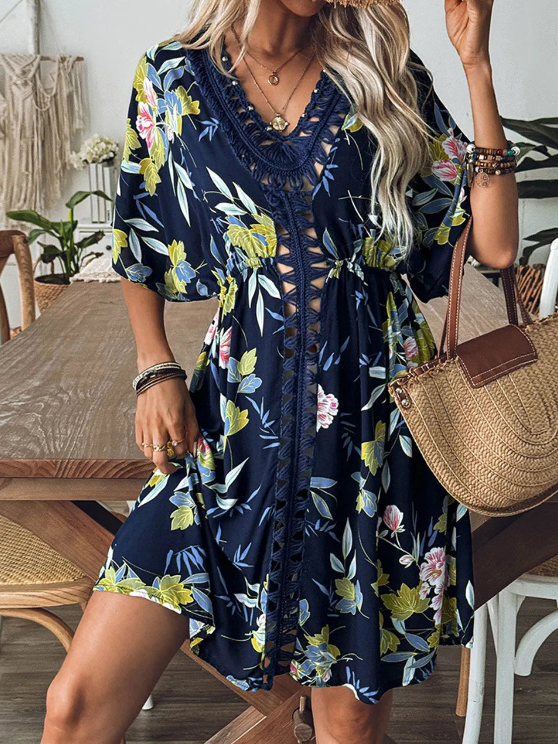 Crochet Front V-Neck Printed Cover-Up with Cutout.