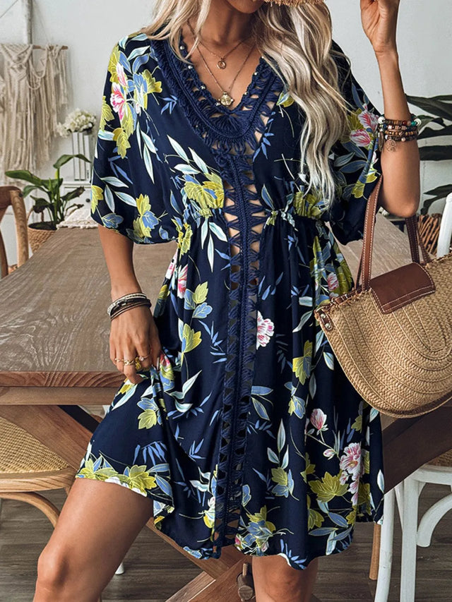 Crochet Front V-Neck Printed Cover-Up with Cutout.