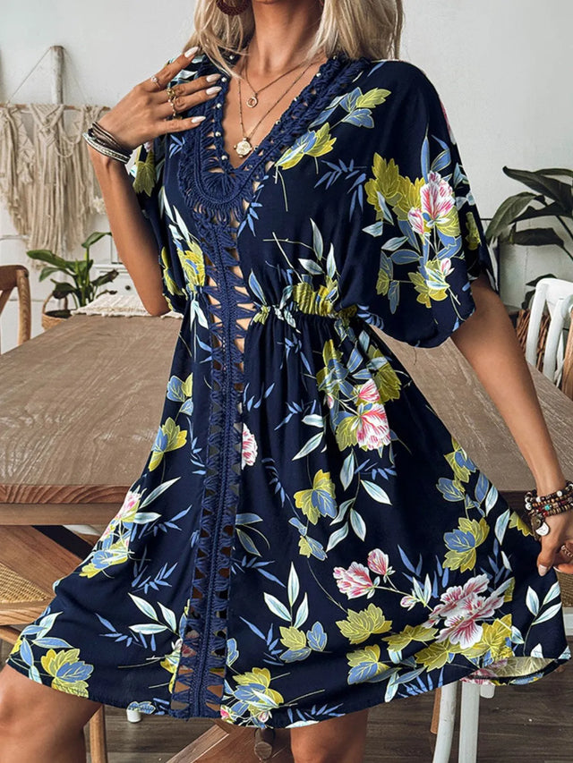 Crochet Front V-Neck Printed Cover-Up with Cutout.
