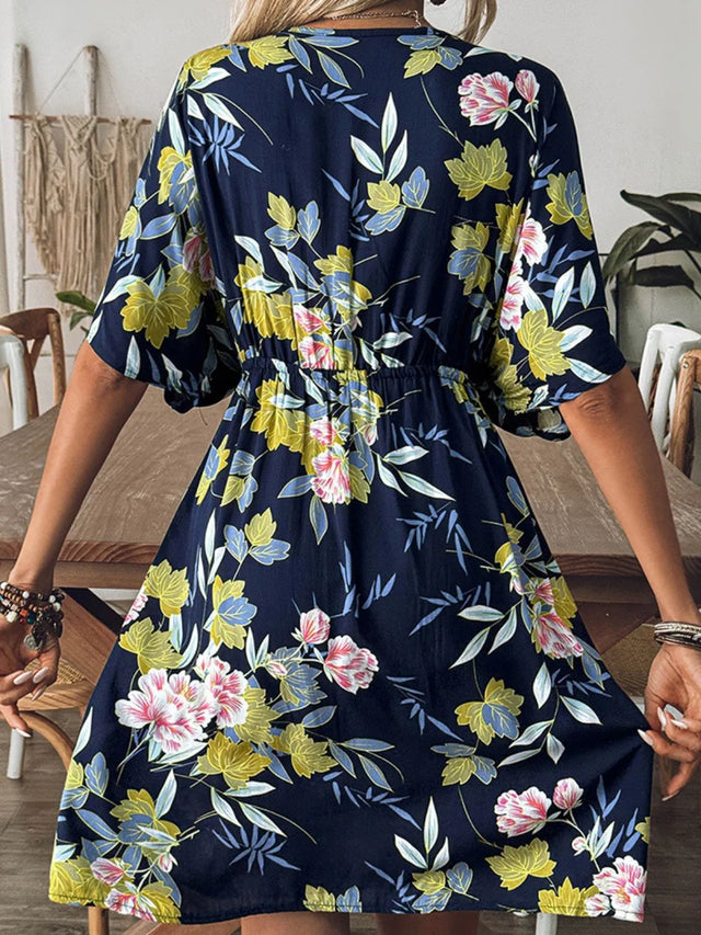 Crochet Front V-Neck Printed Cover-Up with Cutout.