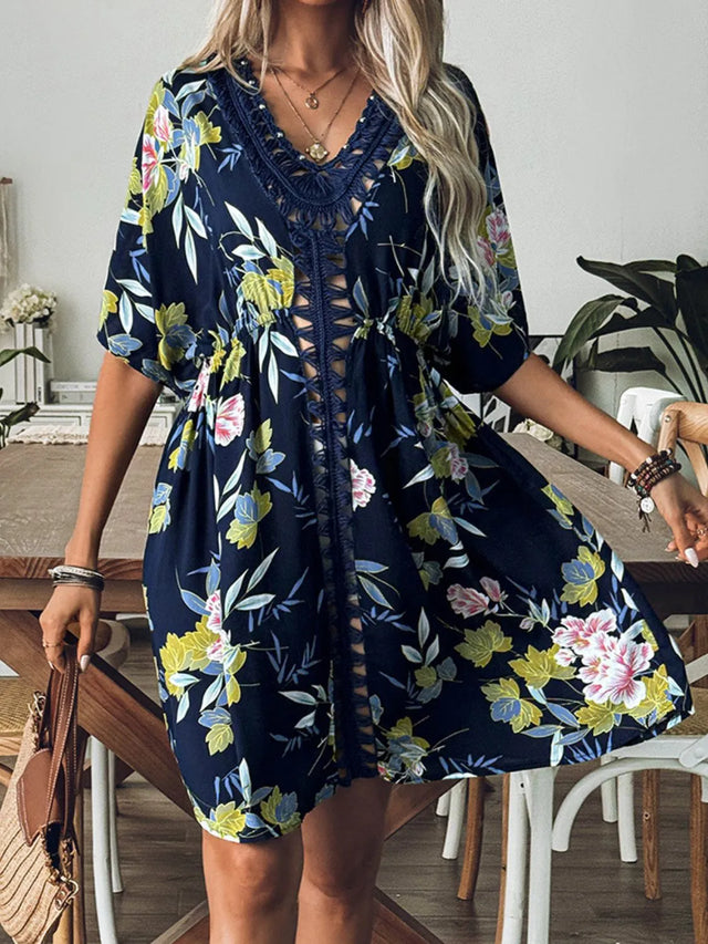 Crochet Front V-Neck Printed Cover-Up with Cutout.