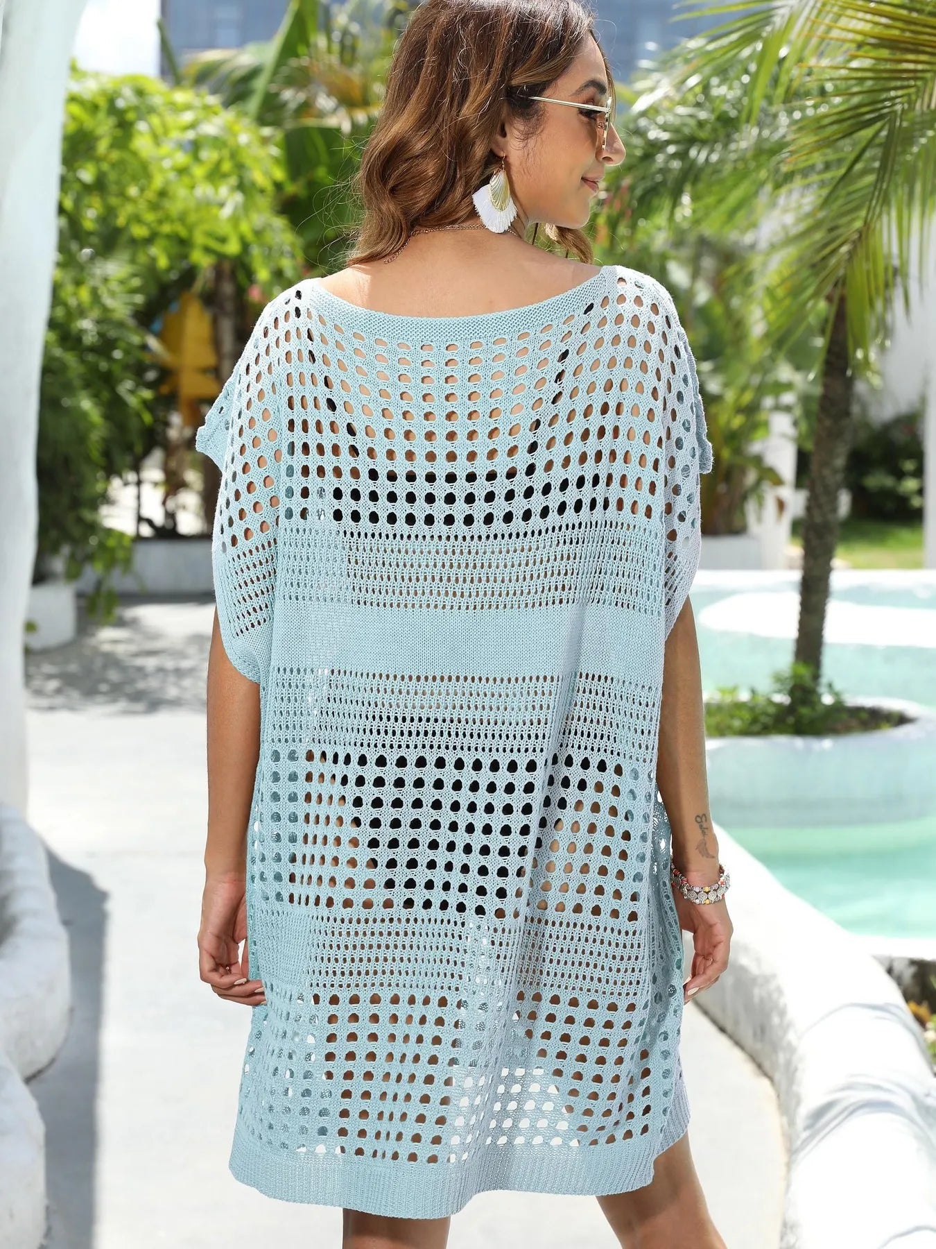 Crochet Knit Beach Cover Up Dress with Cutout.