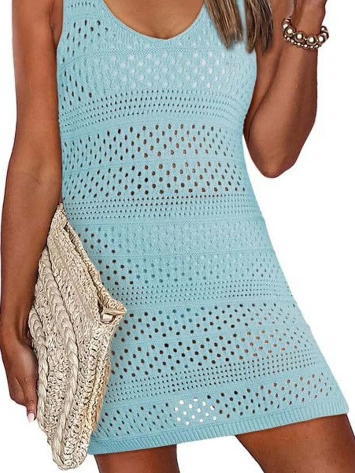Crochet Knit Cover-Up Dress with Side Slit and Openwork.