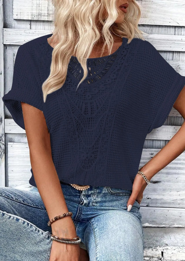 Crochet Lace Short Sleeve Casual T-Shirt.