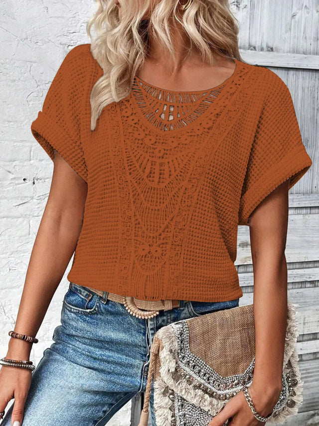Crochet Lace Short Sleeve Casual T-Shirt.