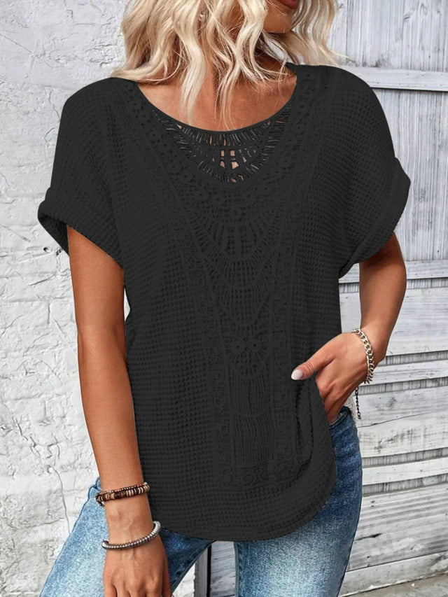 Crochet Lace Short Sleeve Casual T-Shirt.