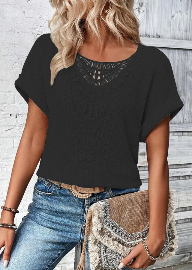 Crochet Lace Short Sleeve Casual T-Shirt.