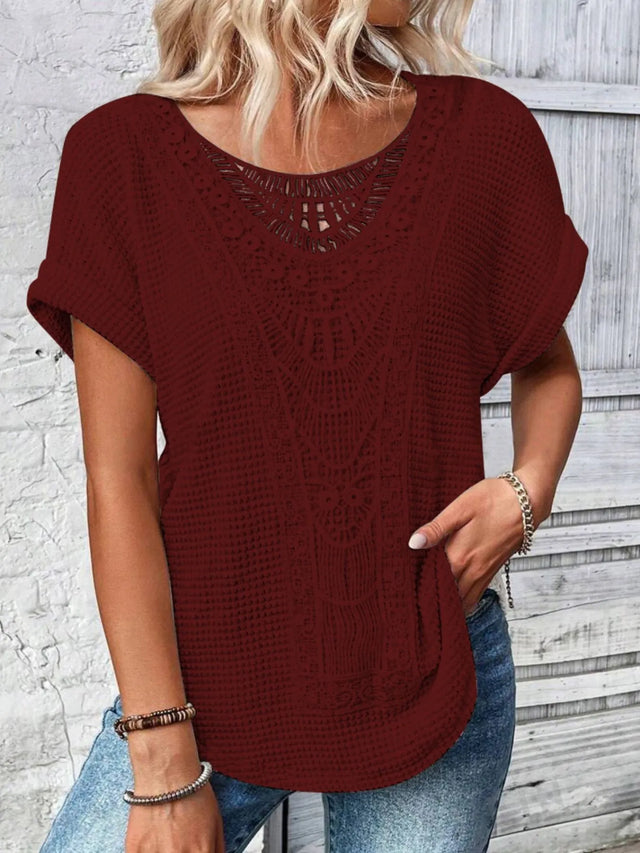 Crochet Lace Short Sleeve Casual T-Shirt.