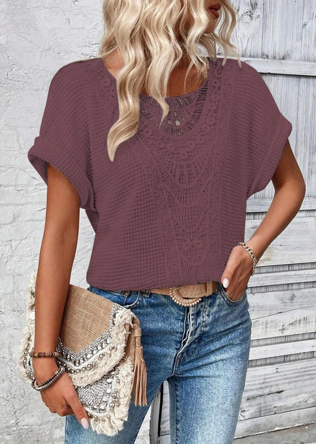 Crochet Lace Short Sleeve Casual T-Shirt.