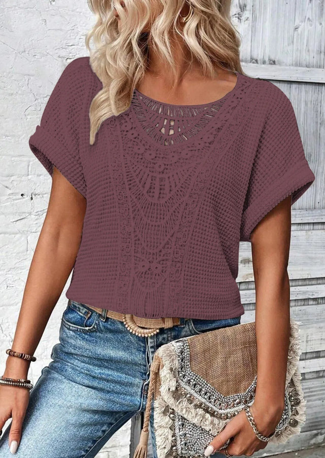 Crochet Lace Short Sleeve Casual T-Shirt.