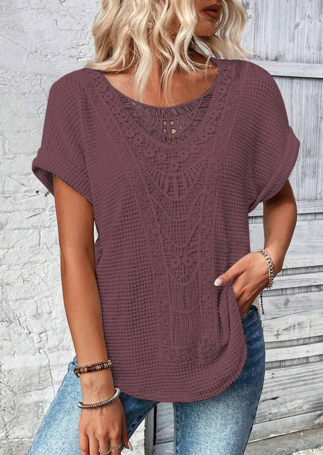 Crochet Lace Short Sleeve Casual T-Shirt.