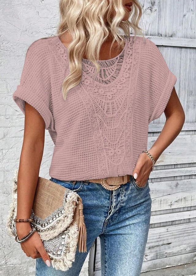 Crochet Lace Short Sleeve Casual T-Shirt.