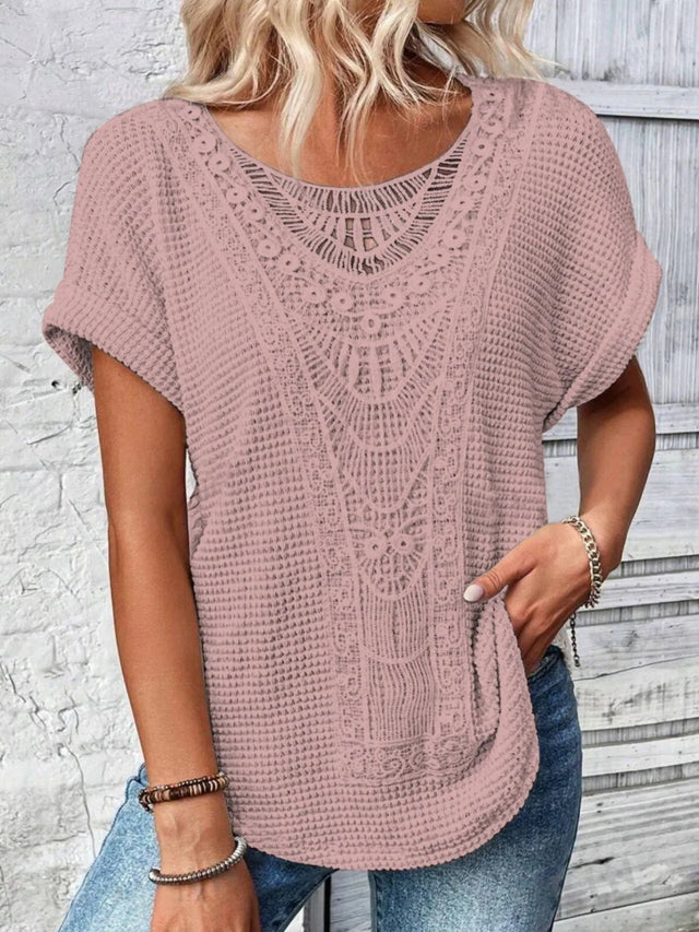 Crochet Lace Short Sleeve Casual T-Shirt.