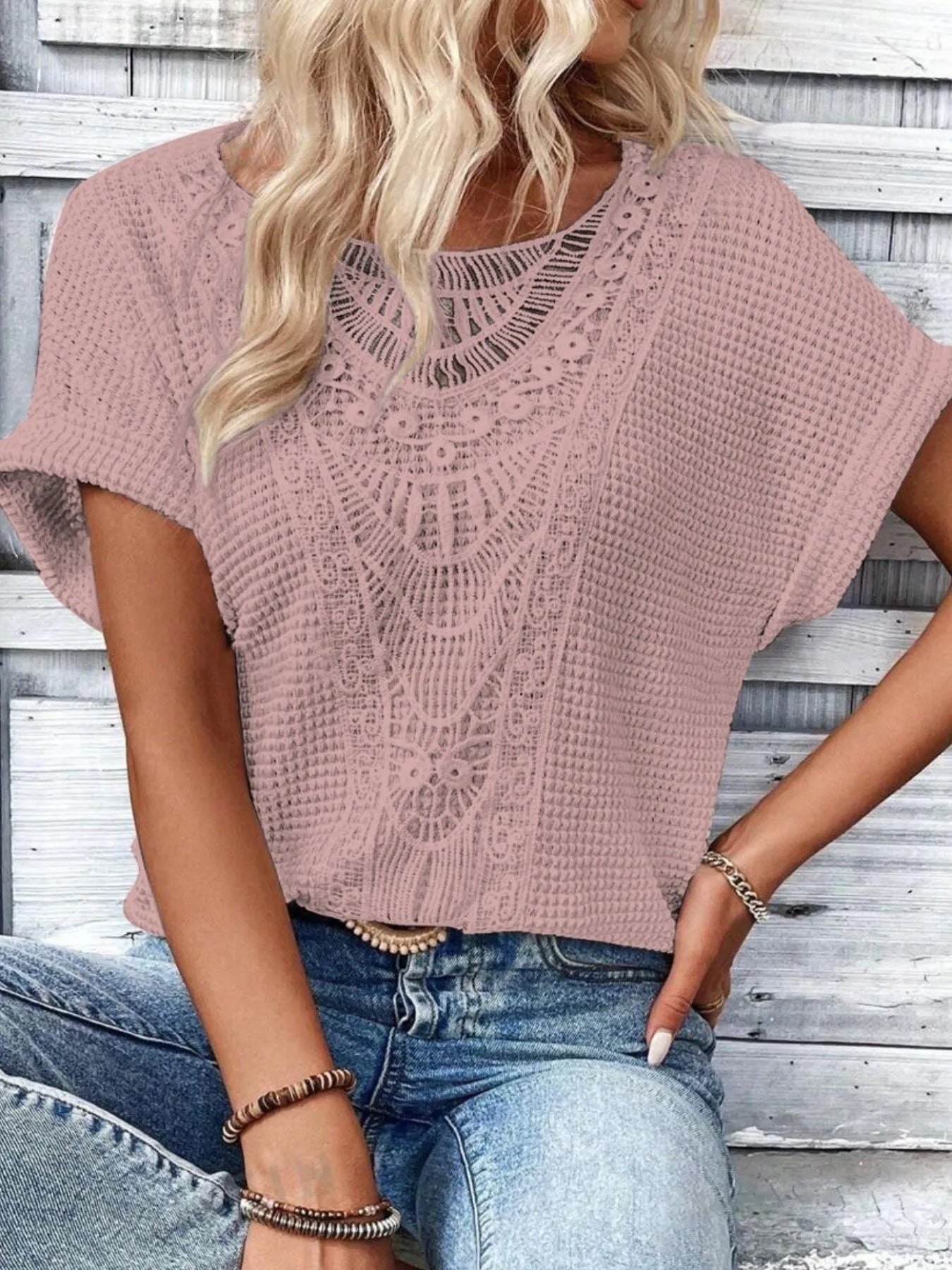 Crochet Lace Short Sleeve Casual T-Shirt.