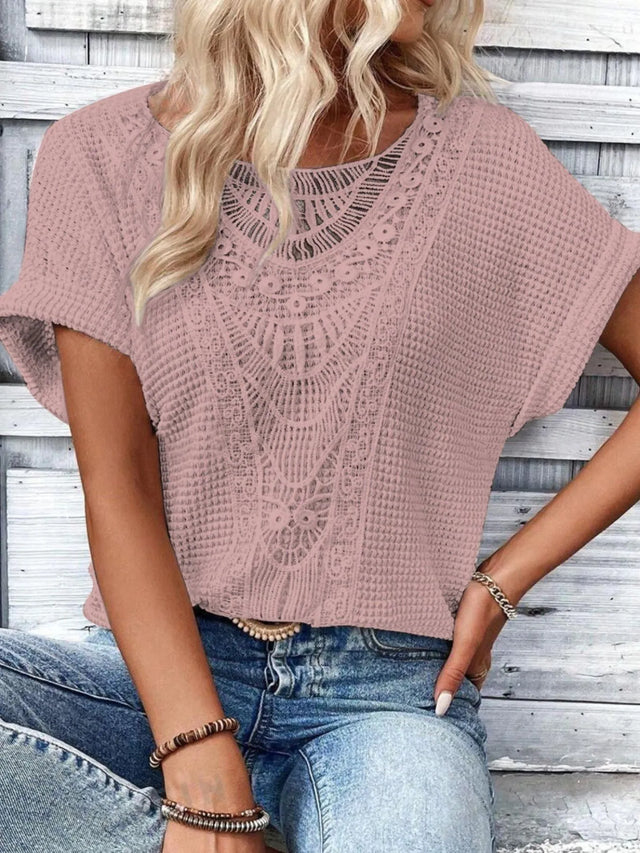 Crochet Lace Short Sleeve Casual T-Shirt.