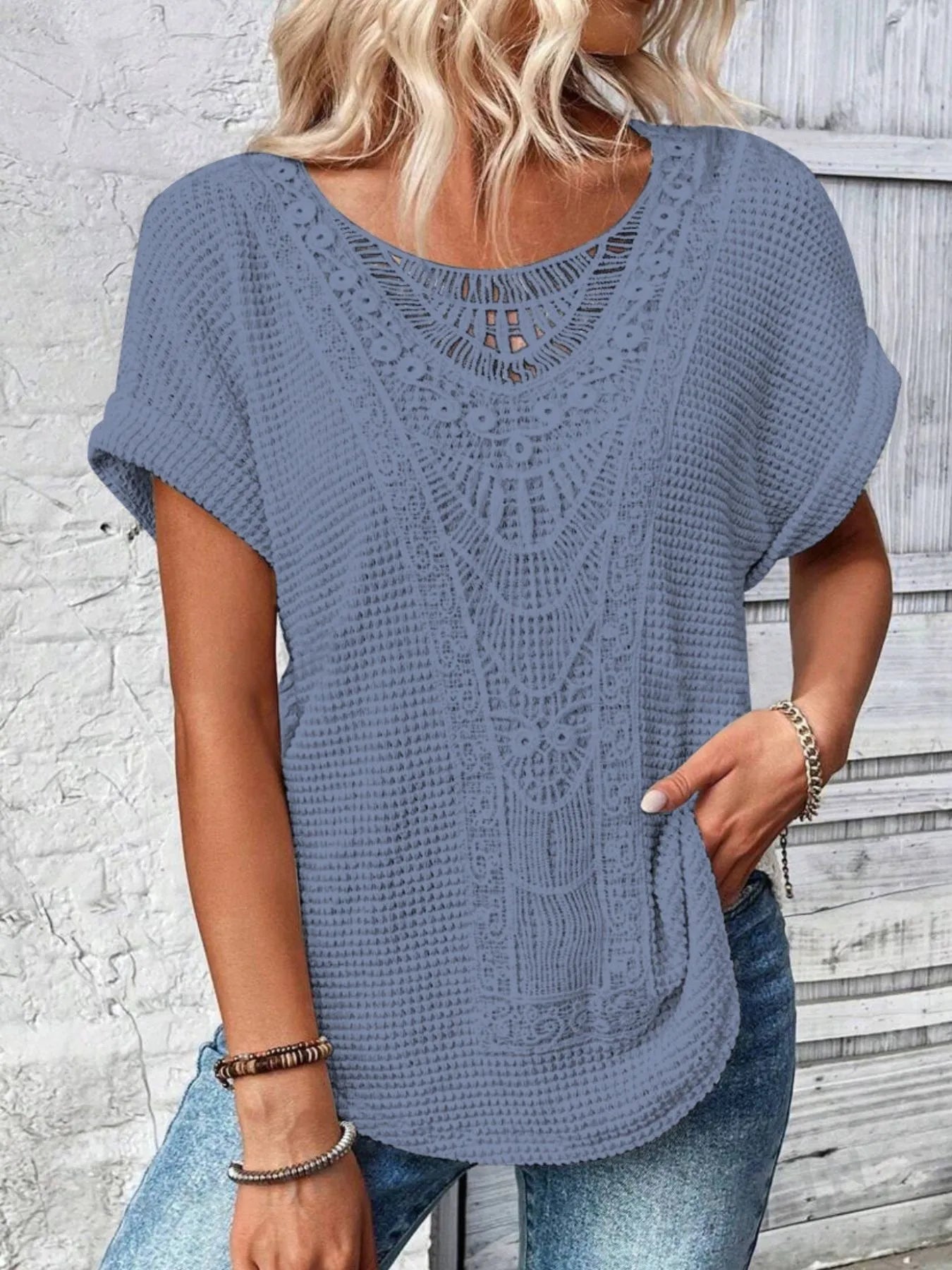 Crochet Lace Short Sleeve Casual T-Shirt.