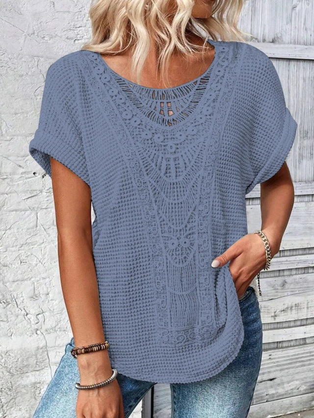 Crochet Lace Short Sleeve Casual T-Shirt.