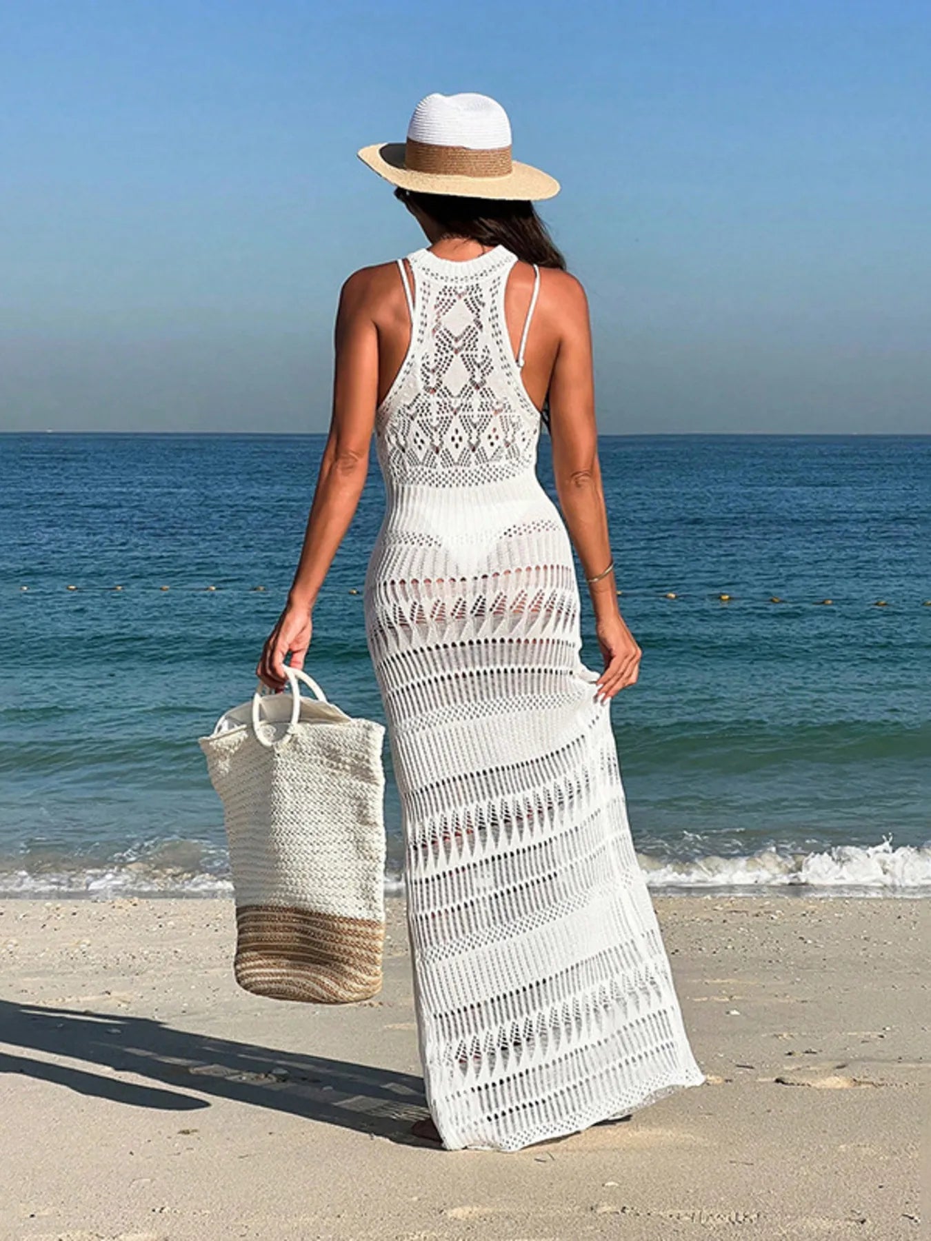 Crochet Sleeveless Split Cover-Up Maxi Dress with Cutout.