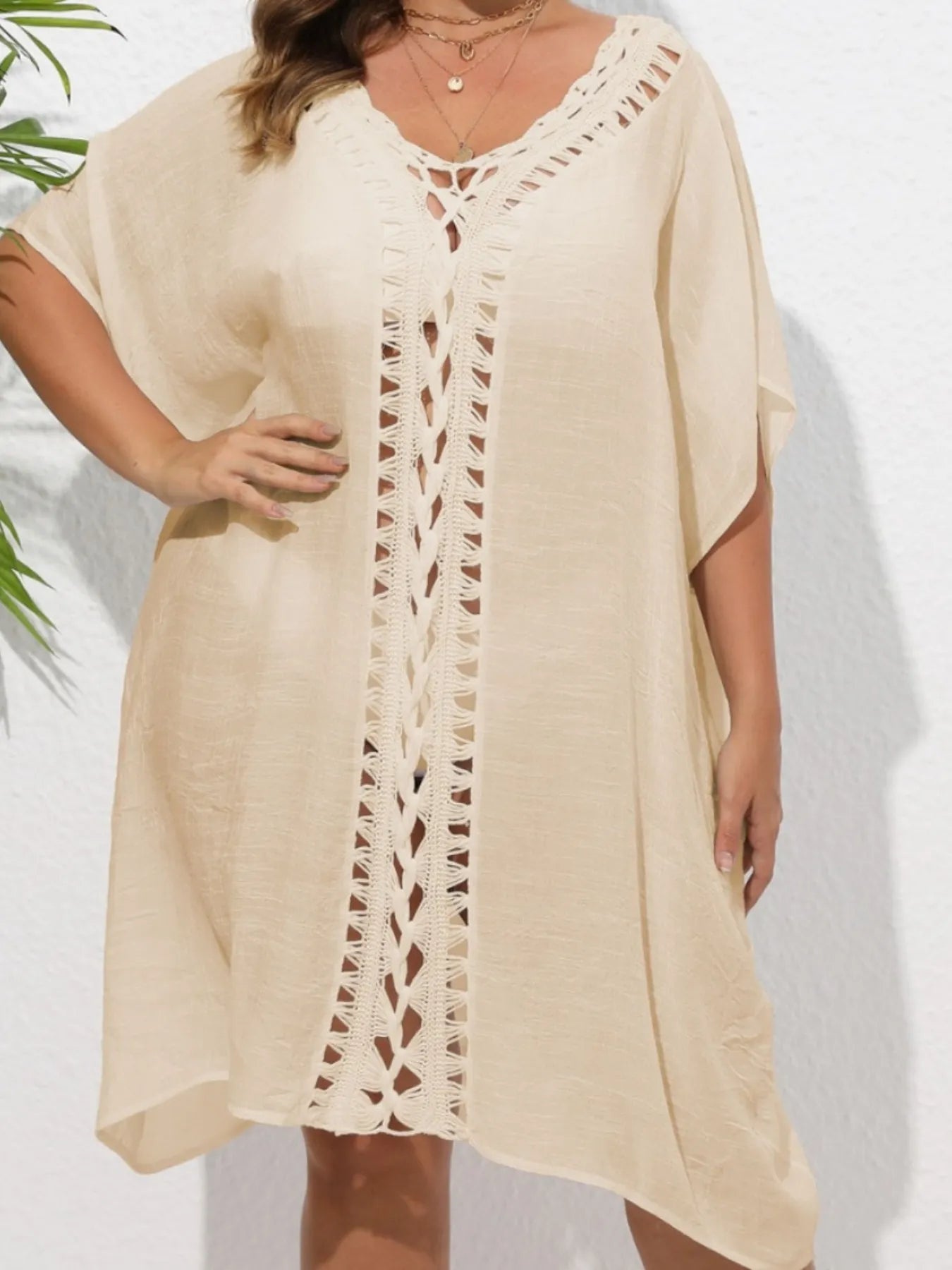Crochet Trim V-Neck Beach Cover Up Dress with Cutout and Lace.