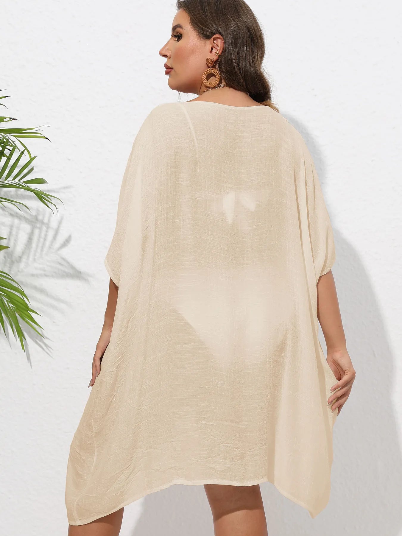 Crochet Trim V-Neck Beach Cover Up Dress with Cutout and Lace.