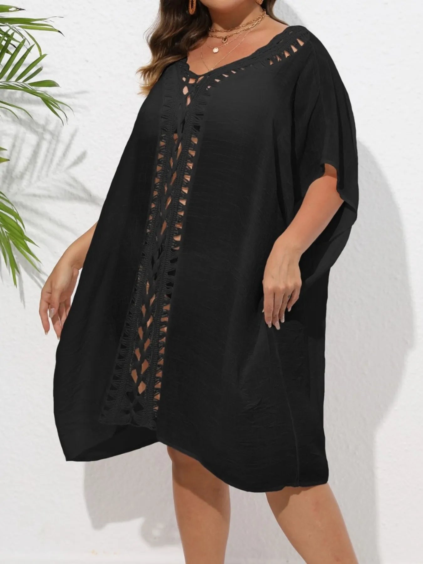 Crochet Trim V-Neck Beach Cover Up Dress with Cutout and Lace.