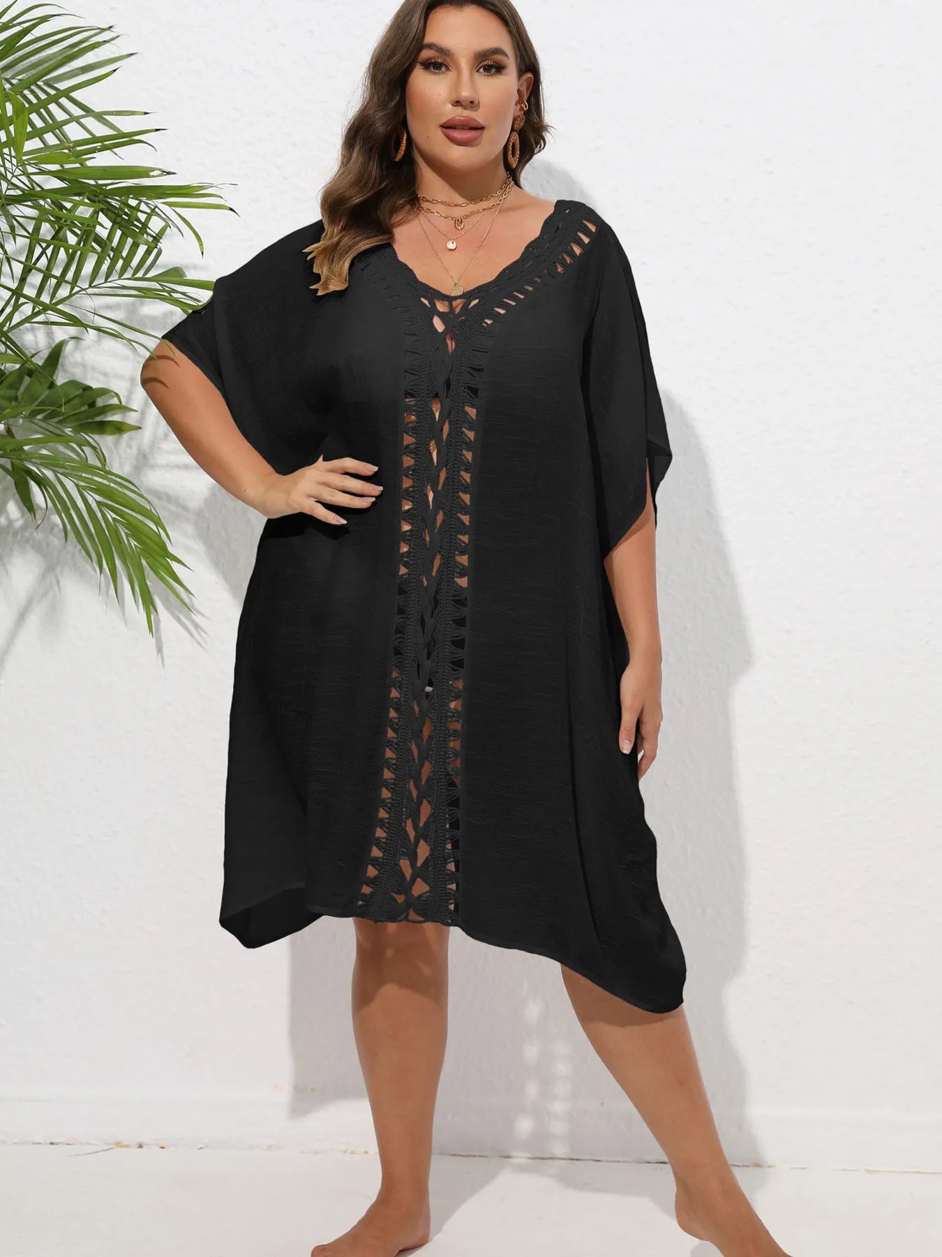 Crochet Trim V-Neck Beach Cover Up Dress with Cutout and Lace.