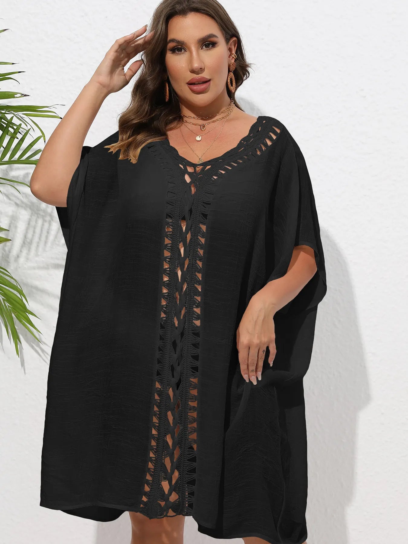 Crochet Trim V-Neck Beach Cover Up Dress with Cutout and Lace.