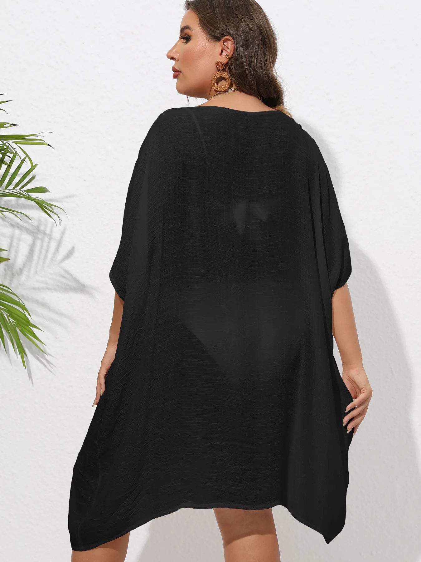 Crochet Trim V-Neck Beach Cover Up Dress with Cutout and Lace.