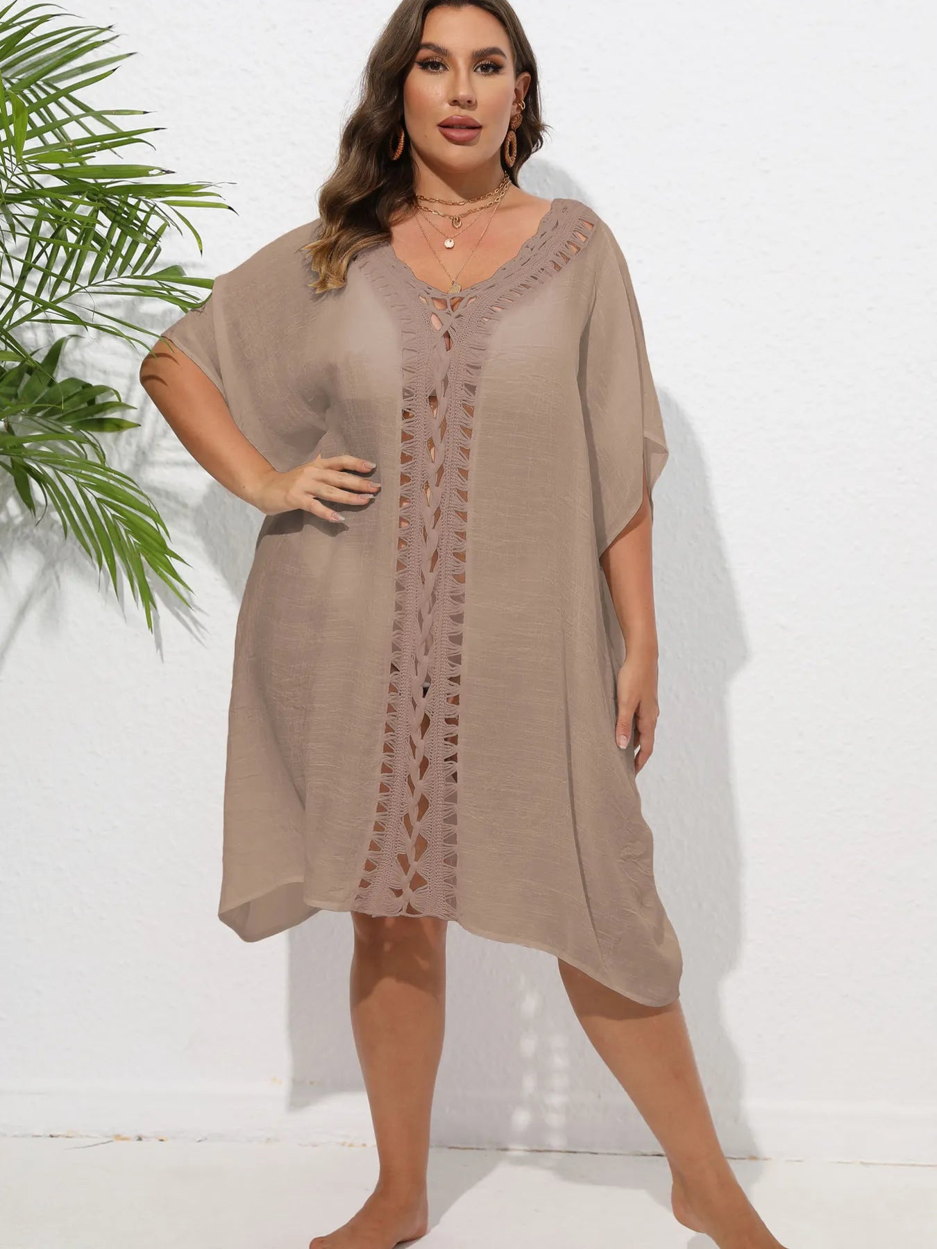 Crochet Trim V-Neck Beach Cover Up Dress with Cutout and Lace.