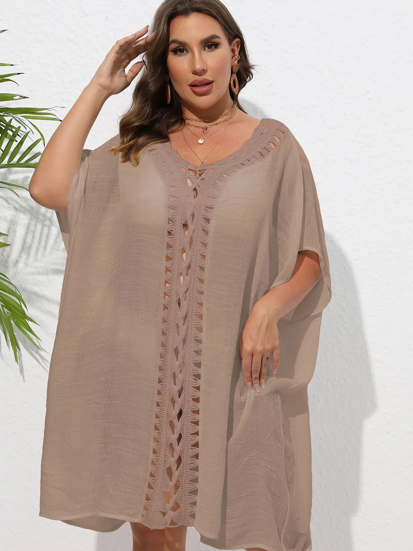 Crochet Trim V-Neck Beach Cover Up Dress with Cutout and Lace.