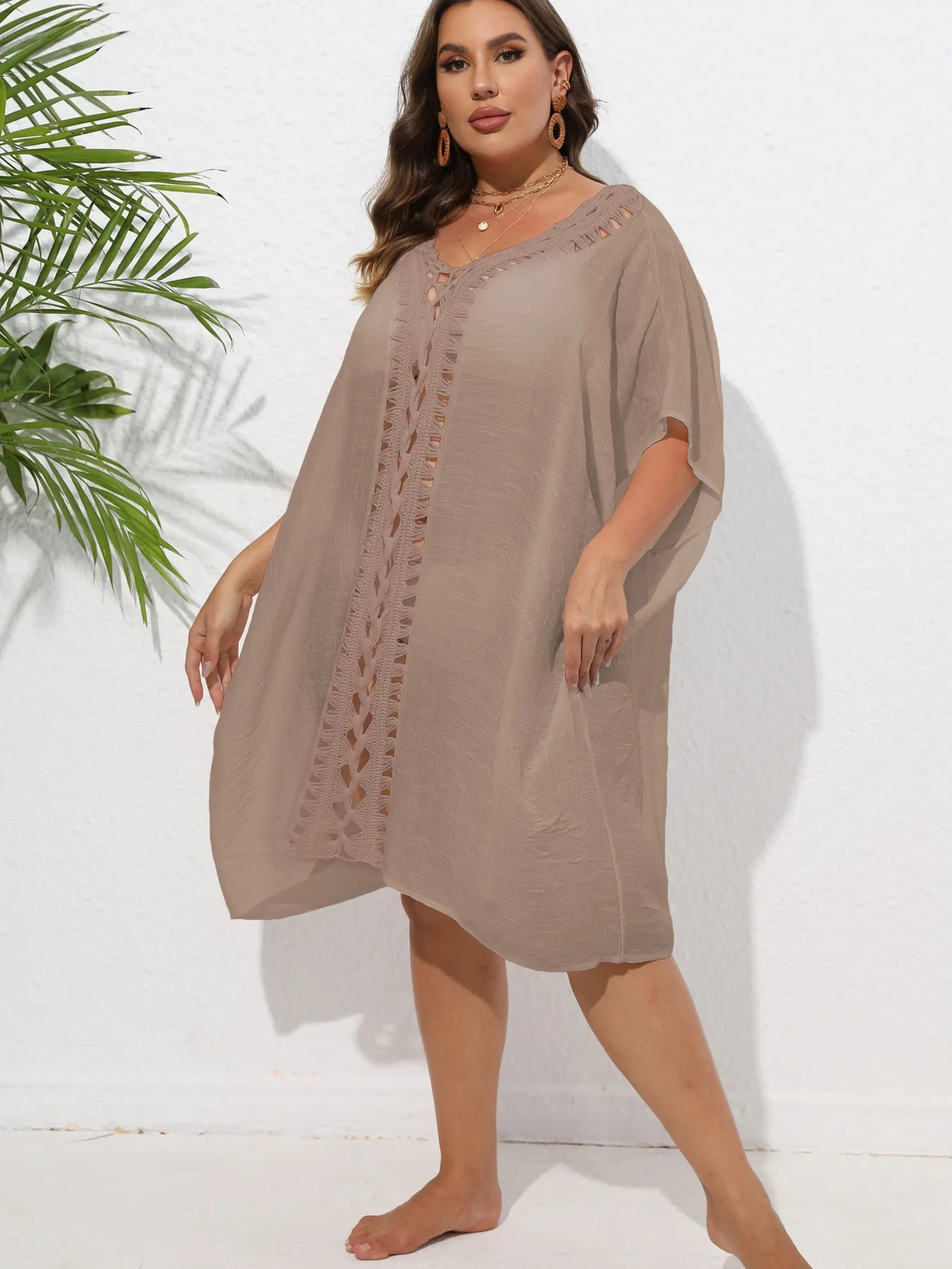 Crochet Trim V-Neck Beach Cover Up Dress with Cutout and Lace.