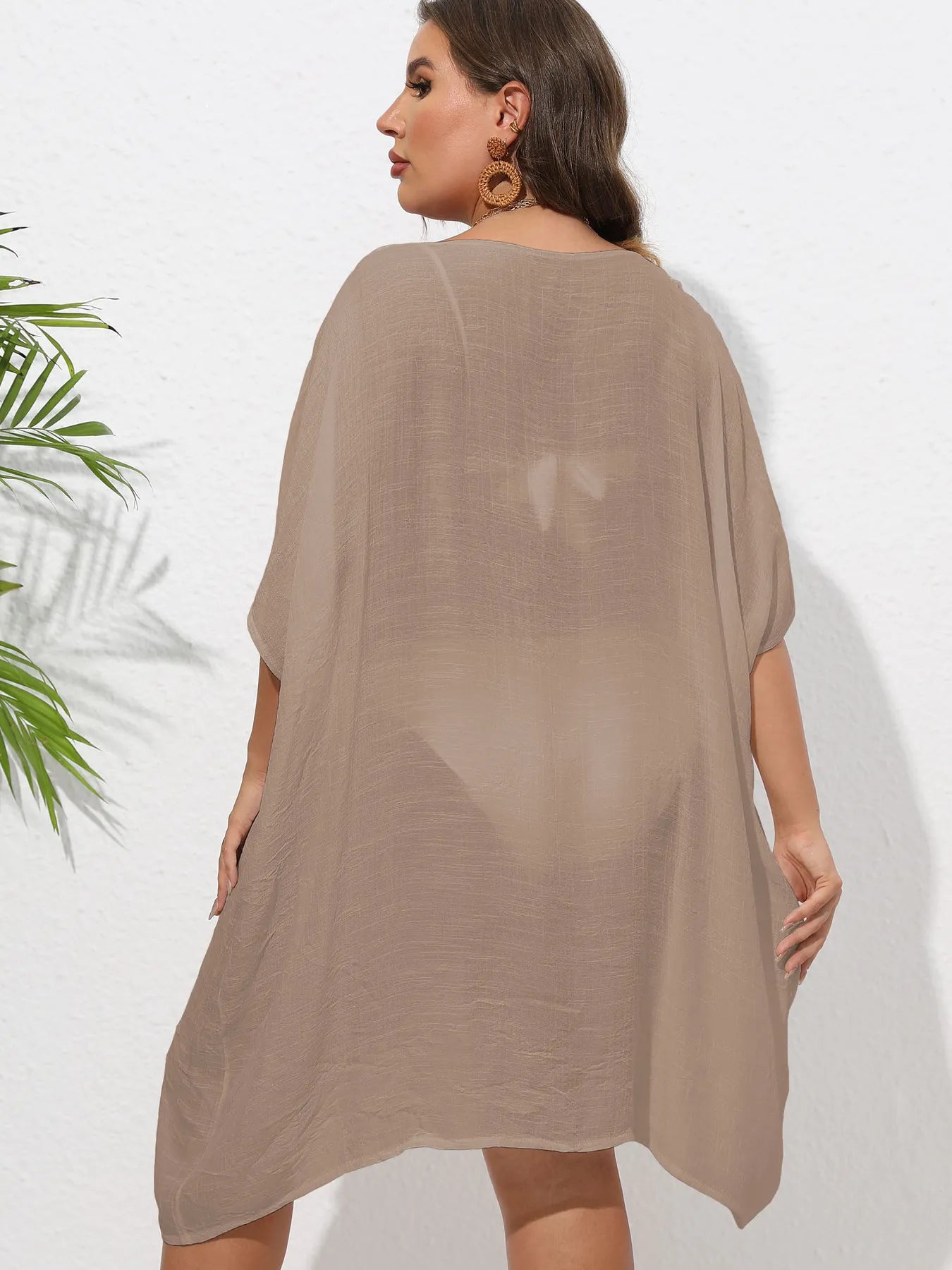 Crochet Trim V-Neck Beach Cover Up Dress with Cutout and Lace.