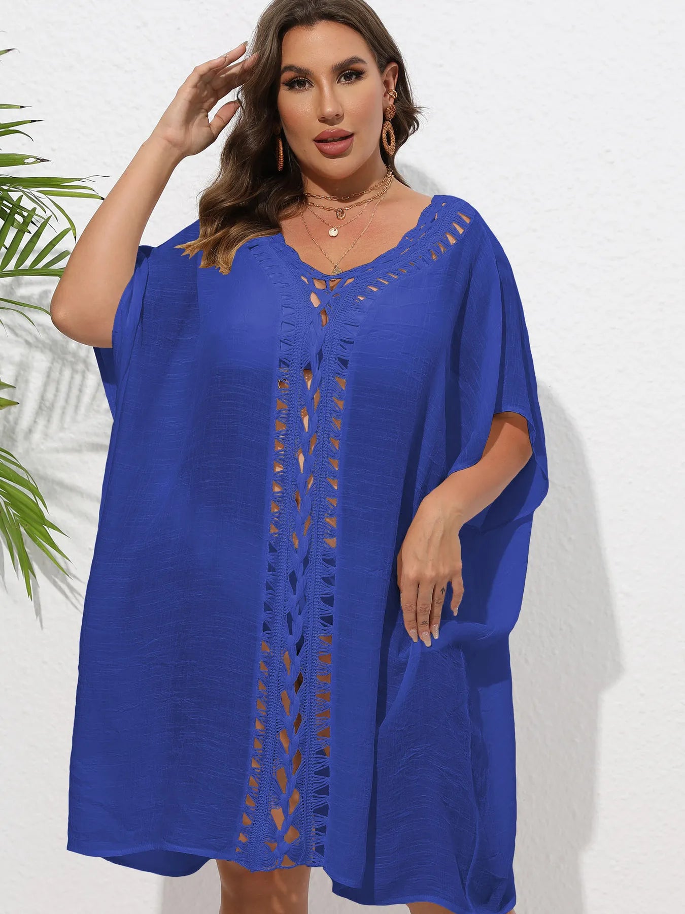 Crochet Trim V-Neck Beach Cover Up Dress with Cutout and Lace.