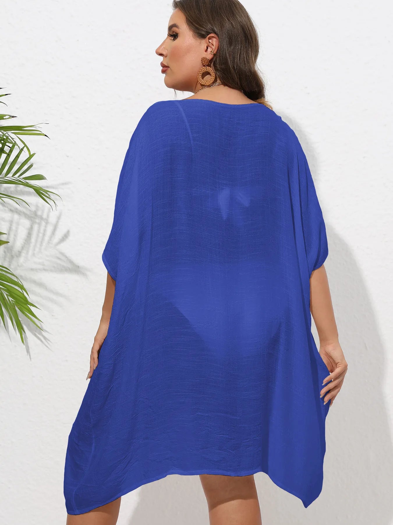 Crochet Trim V-Neck Beach Cover Up Dress with Cutout and Lace.
