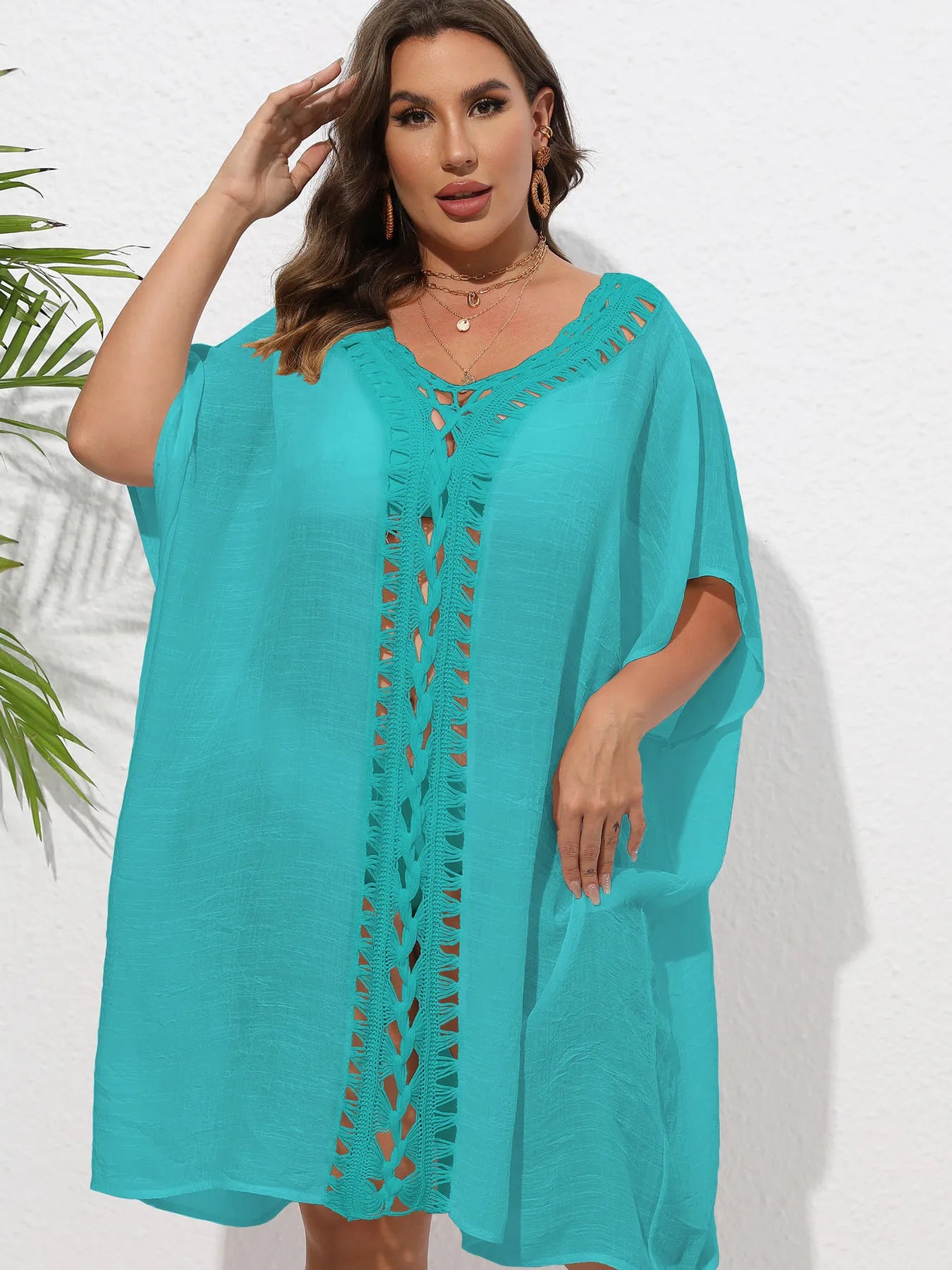 Crochet Trim V-Neck Beach Cover Up Dress with Cutout and Lace.