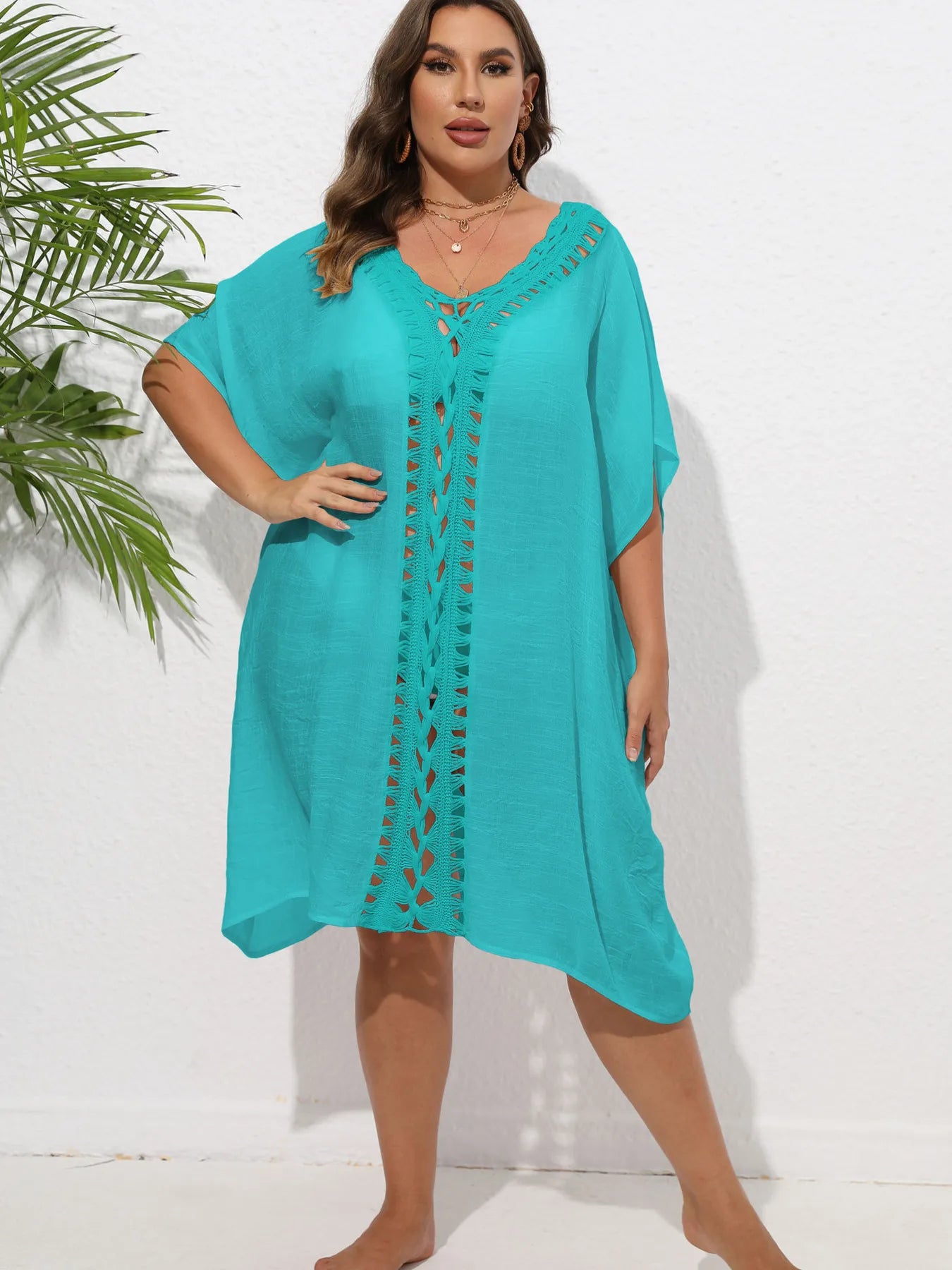 Crochet Trim V-Neck Beach Cover Up Dress with Cutout and Lace.