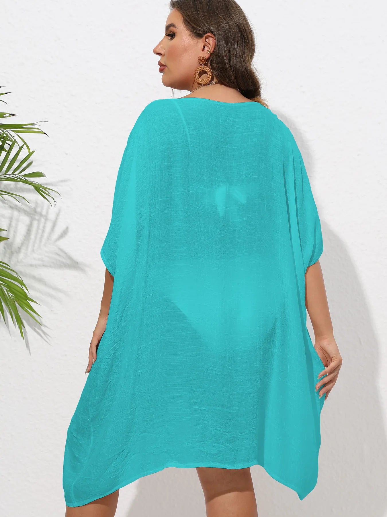 Crochet Trim V-Neck Beach Cover Up Dress with Cutout and Lace.