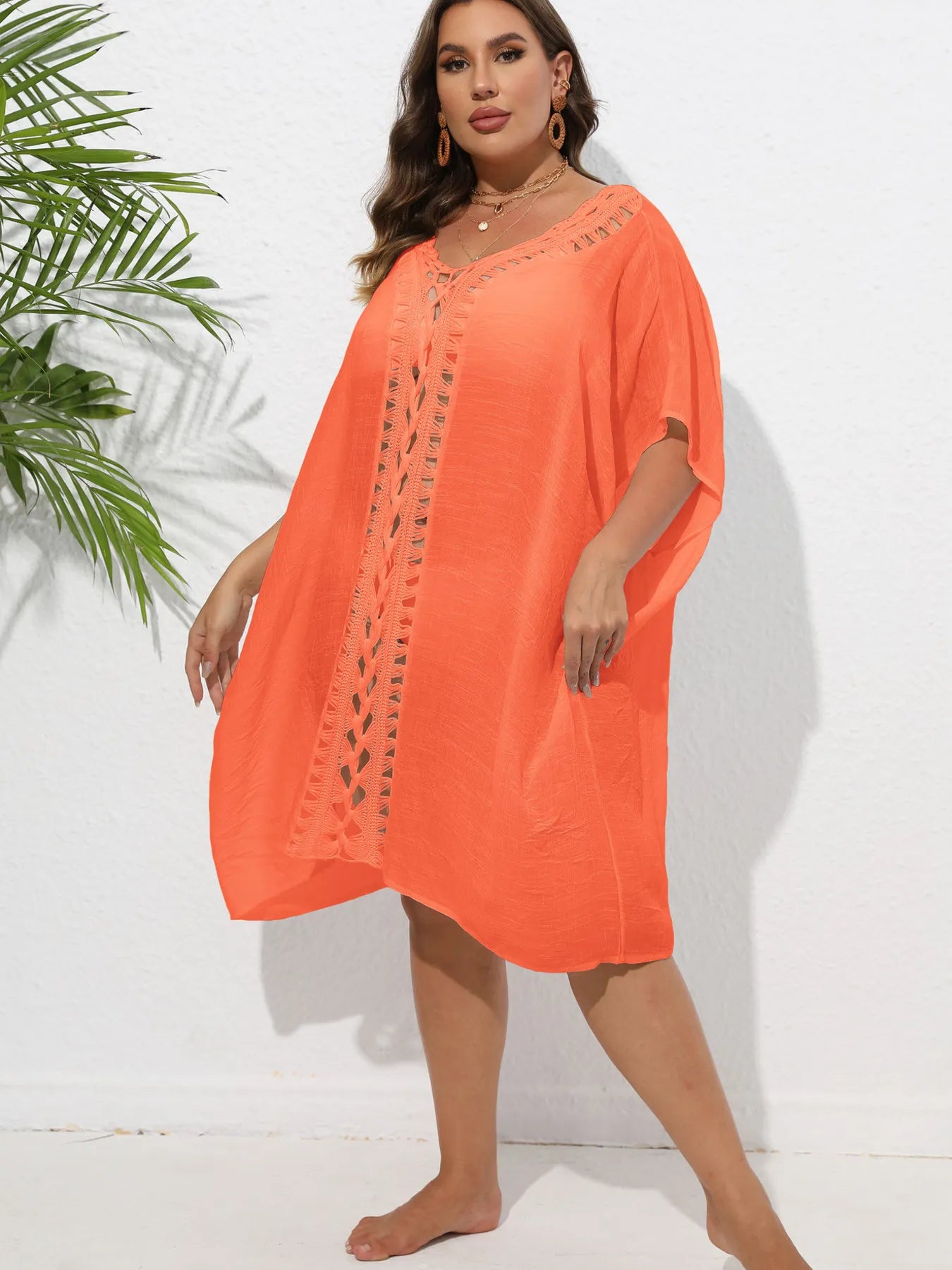 Crochet Trim V-Neck Beach Cover Up Dress with Cutout and Lace.